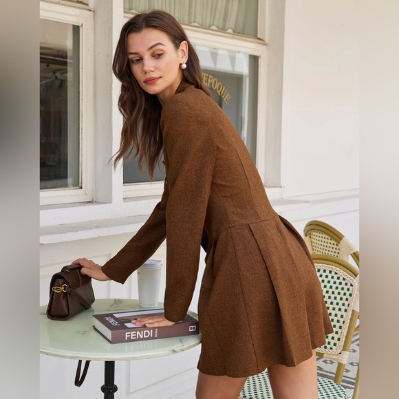 Brown Ruched Button A-Line Mini Dress - Picture 2 of 6